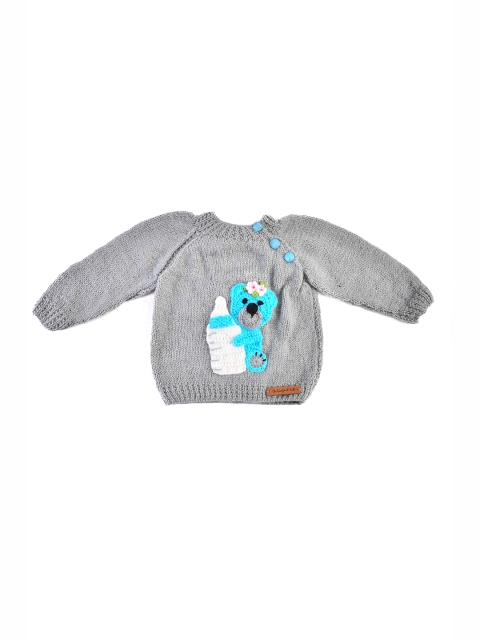 

The Original Knit Kids Grey & Blue Handmade Acrylic Pullover Sweater with Teddy Applique