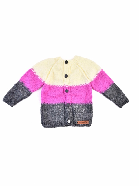 

The Original Knit Kids Cream-Coloured & Grey Colourblocked Handmade Acrylic Cardigan