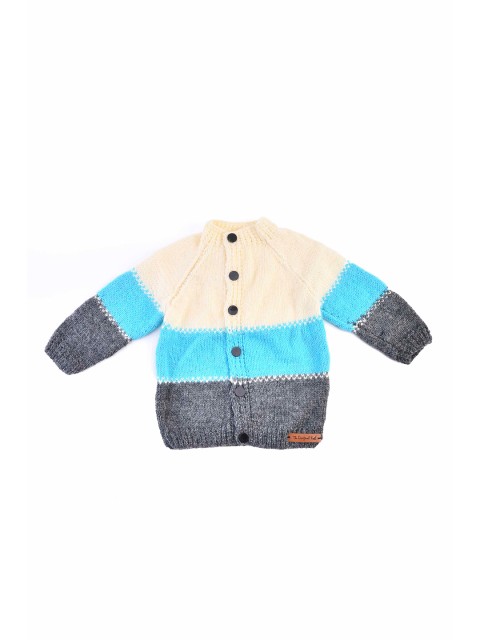 

The Original Knit Unisex Kids Blue & Cream-Coloured Colourblocked Acrylic Cardigan
