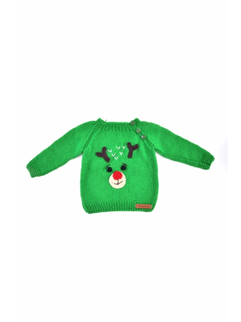 

The Original Knit Unisex Kids Green & Black Handmade Reindeer Acrylic Pullover