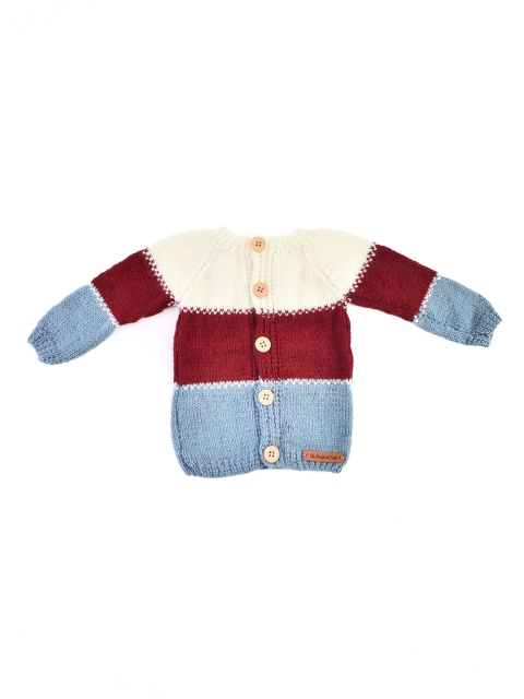 

The Original Knit Kids Cream-Coloured & Maroon Colourblocked Handmade Acrylic Cardigan