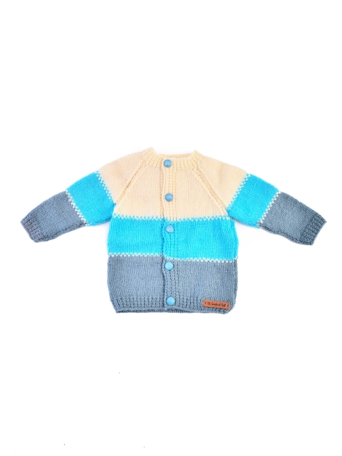 

The Original Knit Unisex Kids Cream-Coloured & Blue Colourblocked Acrylic Cardigan