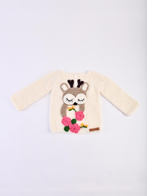 

The Original Knit Kids Cream-Coloured & Brown Applique Handmade Acrylic Pullover