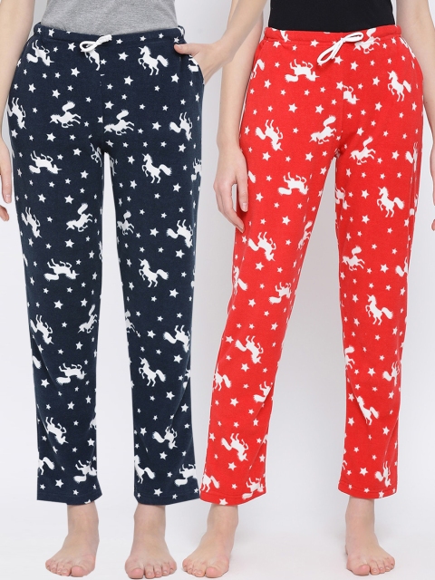 

Kanvin Women Pack of 2 Navy Blue & Red Printed Polar Fleece Winter Lounge Pants