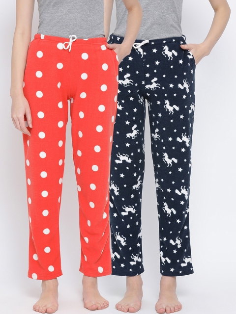 

Kanvin Women Pack Of 2 Printed Straight Lounge Pants, Navy blue