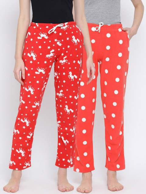 

Kanvin Women Pack Of 2 Printed Polar Fleece Winter Lounge Pants, Red