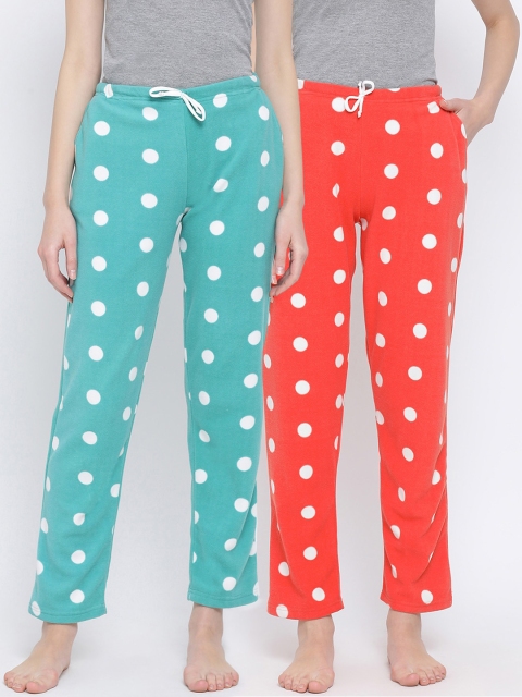 

Kanvin Women Pack Of 2 Polka Dot Printed Polar Fleece Winter Lounge Pants, Orange