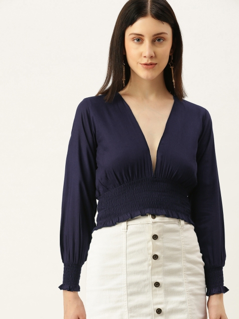 

Yuvraah Navy Blue Smocked Cinched Waist Top