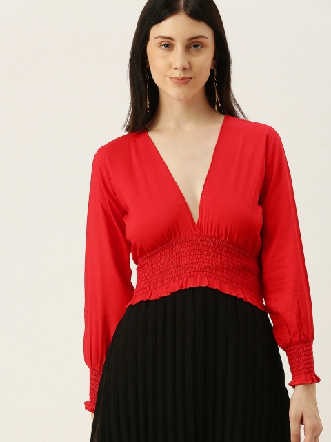 

Yuvraah Red Smocked Cinched Waist Top