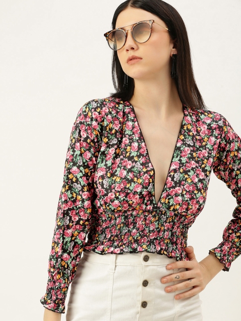 

Yuvraah Multicoloured Floral Bishop Sleeves Cinched Waist Crop Top, Multi