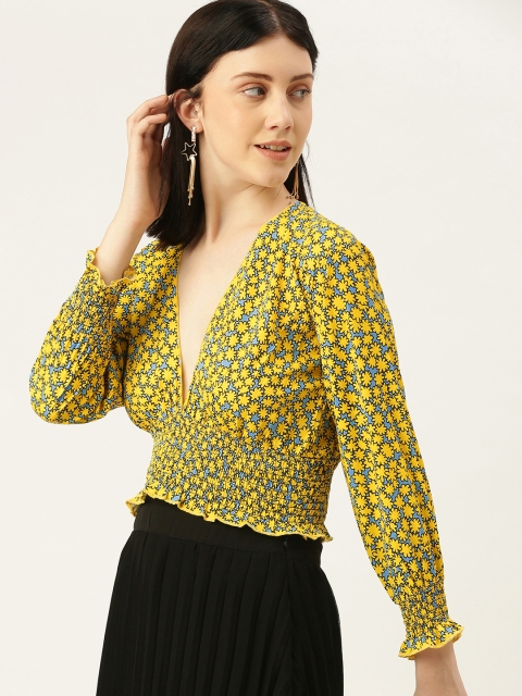 

Yuvraah Yellow & Blue Floral Bishop Sleeves Cinched Waist Crop Top
