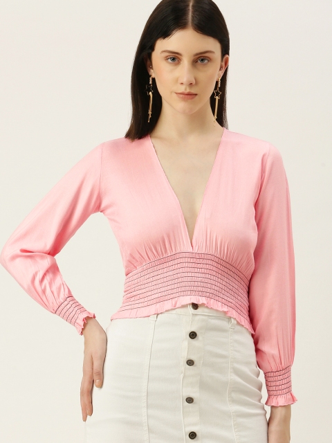 

Yuvraah Pink Bishop Sleeves Smocked Cinched Waist Crop Top