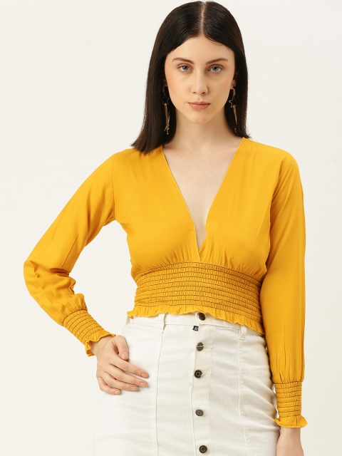

Yuvraah Mustard Yellow Bishop Sleeves Cinched Waist Crop Top
