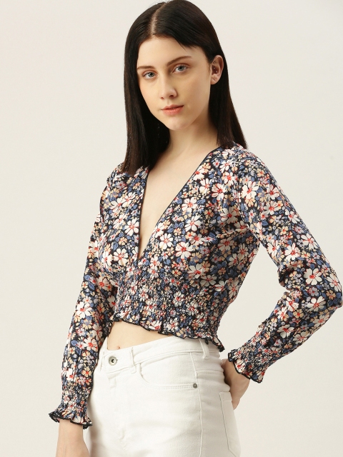 

Yuvraah Multicoloured Floral Bishop Sleeves Smocked Cinched Waist Crop Top, Multi