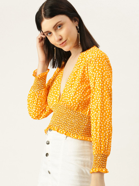 

Yuvraah Mustard Yellow & White Floral Bishop Sleeves Cinched Waist Crop Top