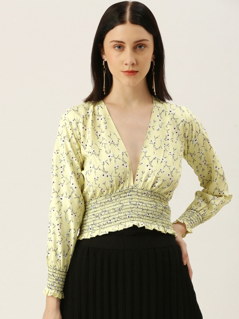 

Yuvraah Yellow Floral Bishop Sleeves Cinched Waist Crop Top