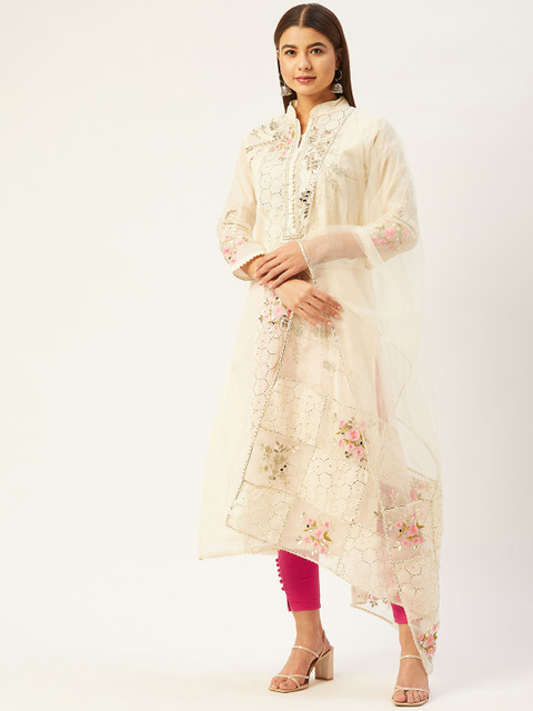

INDYES Women Cream-Coloured Mukaish Chanderi Silk Kurta with Trousers & Dupatta