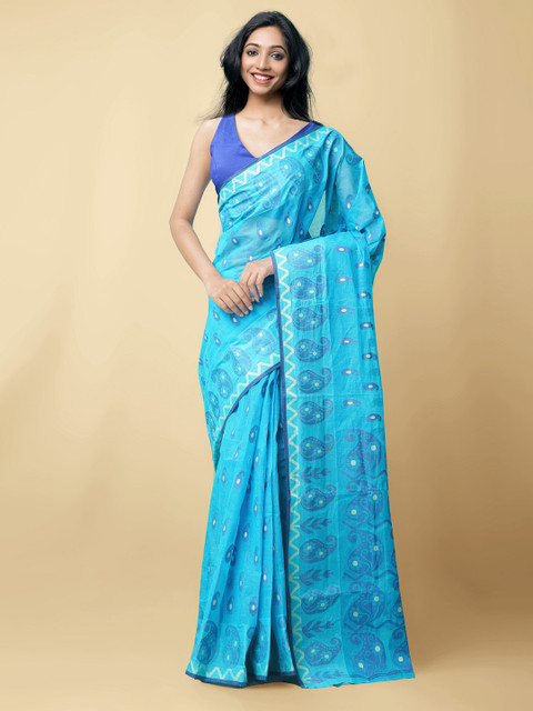 

Unnati Silks Women Blue & White Pure Handloom Bengal Tant Cotton Sustainable Saree