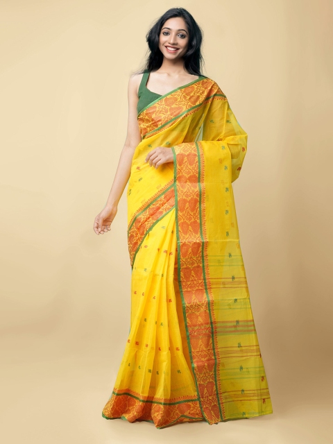 

Unnati Silks Women Yellow & Gold-Toned Pure Handloom Bengal Tant Cotton Sustainable Saree