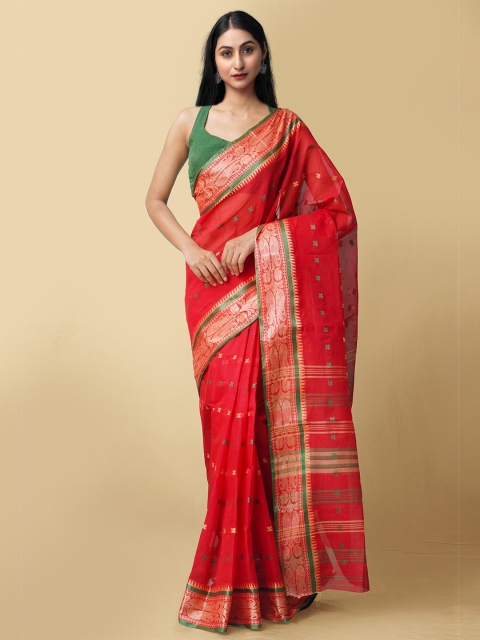 

Unnati Silks Women Red & Gold-Toned Pure Handloom Bengal Tant Cotton Sustainable Saree