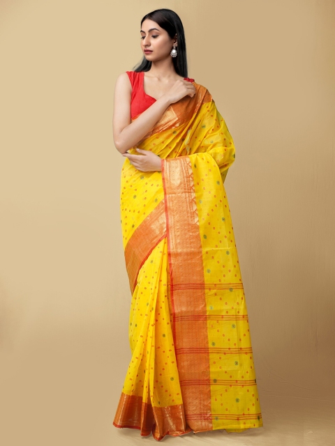 

Unnati Silks Yellow & Red Woven Design Zari Pure Cotton Taant Saree