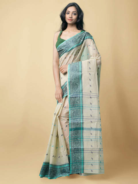 

Unnati Silks Women Cream-Coloured & Turquoise Blue Pure Handloom Bengal Tant Cotton Sustainable Saree