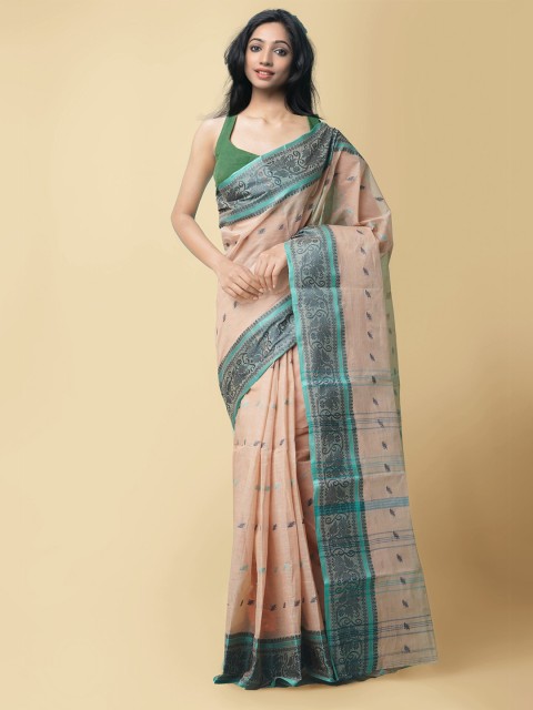

Unnati Silks Women Brown & Turquoise Blue Pure Handloom Bengal Tant Cotton Sustainable Saree