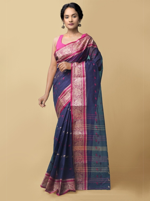 

Unnati Silks Blue & Pink Ethnic Motifs Zari Pure Cotton Bengal Taant Saree