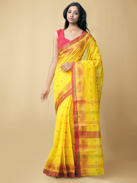 

Unnati Silks Yellow & Red Woven Design Pure Cotton Taant Saree