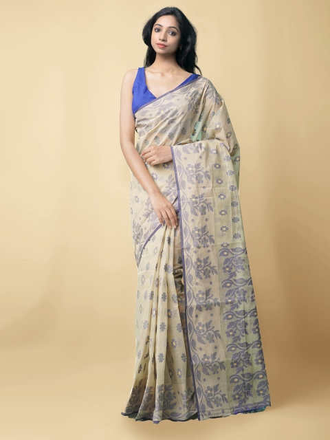 

Unnati Silks Women Beige & Blue Pure Handloom Bengal Tant Cotton Saree