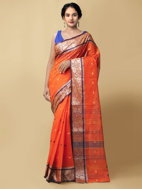 

Unnati Silks Women Orange & Blue Pure Handloom Bengal Tant Cotton Sustainable Saree