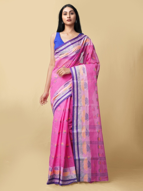 

Unnati Silks Women Pink & Blue Pure Handloom Bengal Tant Cotton Sustainable Saree
