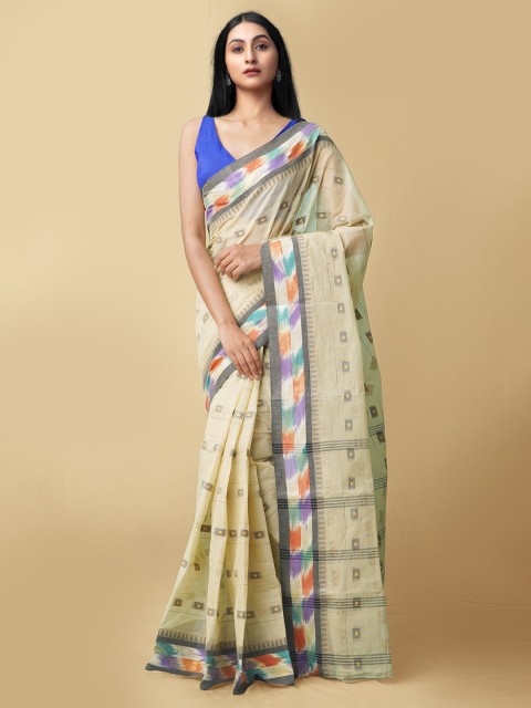 

Unnati Silks Women Beige & White Pure Handloom Bengal Tant Cotton Sustainable Saree