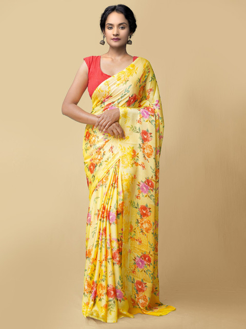 

Unnati Silks Women Yellow & Red Printed Art Chiffon Saree