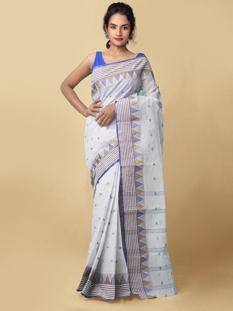 

Unnati Silks Women Cream-Coloured & Blue Pure Handloom Bengal Tant Cotton Sustainable Saree