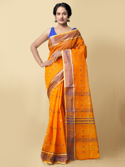 

Unnati Silks Women Orange & Blue Pure Handloom Bengal Tant Cotton Sustainable Saree