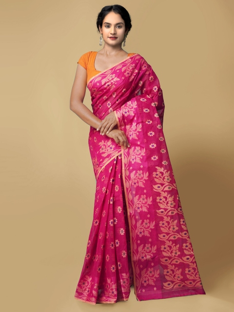 

Unnati Silks Women Pink & Gold-Coloured Pure Handloom Bengal Tant Cotton Sustainable Saree