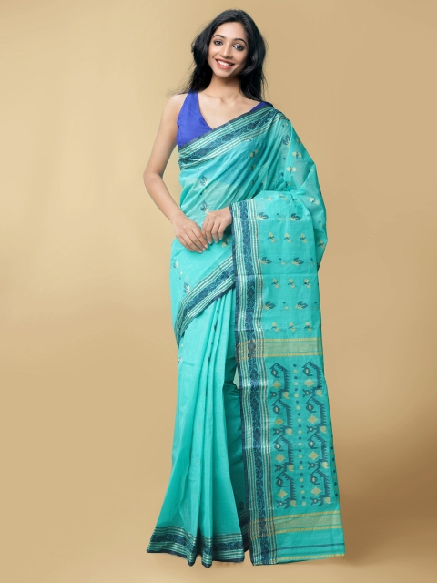 

Unnati Silks Women Blue & Gold-Toned Pure Handloom Dhaka Jamdhani Bengal Tant Cotton Sustainable Saree