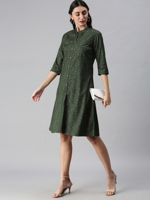 

ETIQUETTE Green Floral Print Cotton Shirt Dress
