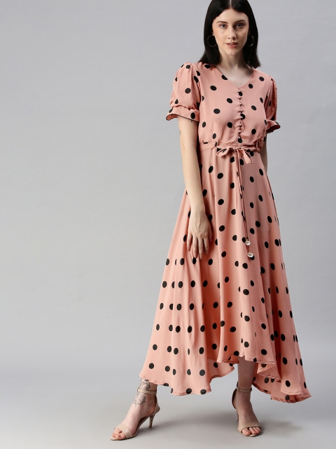 

ETIQUETTE Peach-Coloured Polka Dot Printed Maxi Dress with Belt