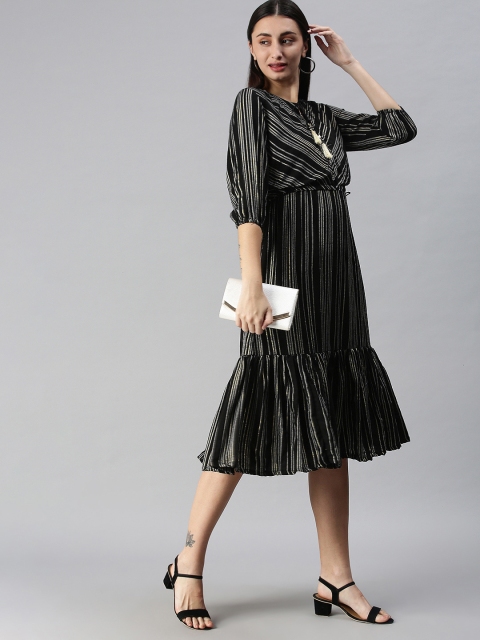 

ETIQUETTE Black Striped Tie-Up Neck A-Line Dress