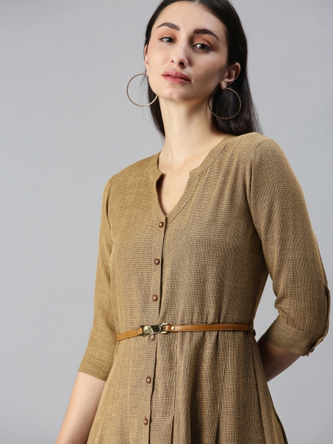 

ETIQUETTE Brown Self-Design Cotton A-Line Dress with Belt