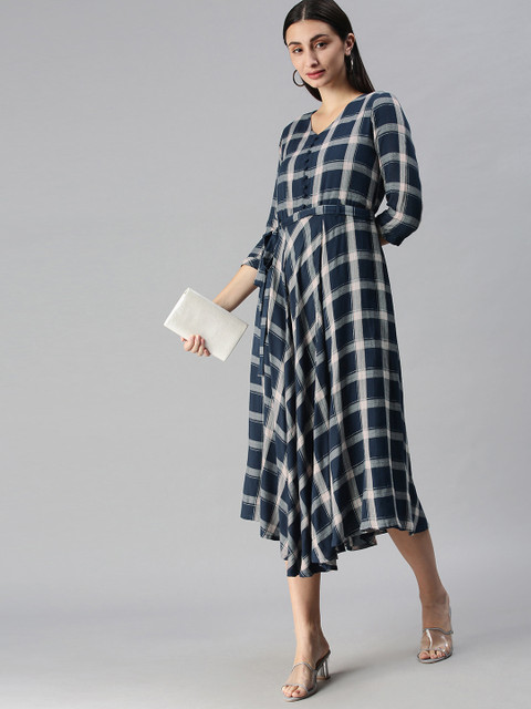 

ETIQUETTE Blue Checked Cotton Midi Dress with Belt
