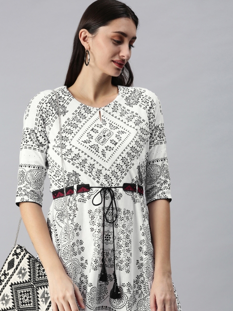 

ETIQUETTE White Ethnic Motif Printed Keyhole Neck Cotton Midi Dress