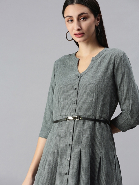 

ETIQUETTE Grey Self-Design Cotton A-Line Dress with Belt