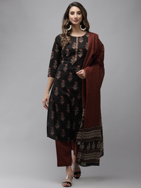 

Yufta Women Black & Rust Brown Ethnic Motifs Printed Kantha Work Pure Cotton Kurta Set