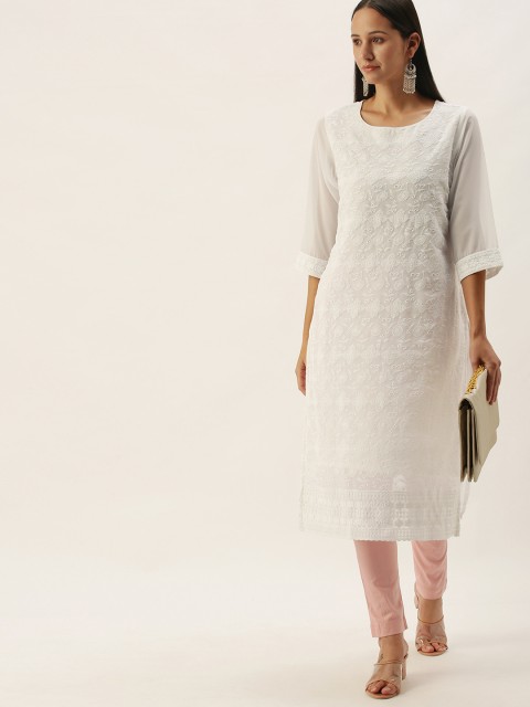 

SWAGG INDIA Women White Embroidered Chikankari Georgette Kurta