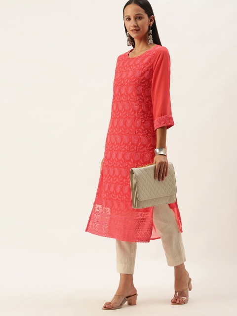 

SWAGG INDIA Women Coral Pink Paisley Embroidered Chikankari Georgette Kurta