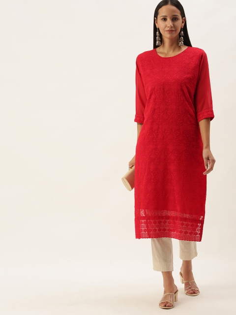 

SWAGG INDIA Women Red Embroidered Chikankari Georgette Kurta
