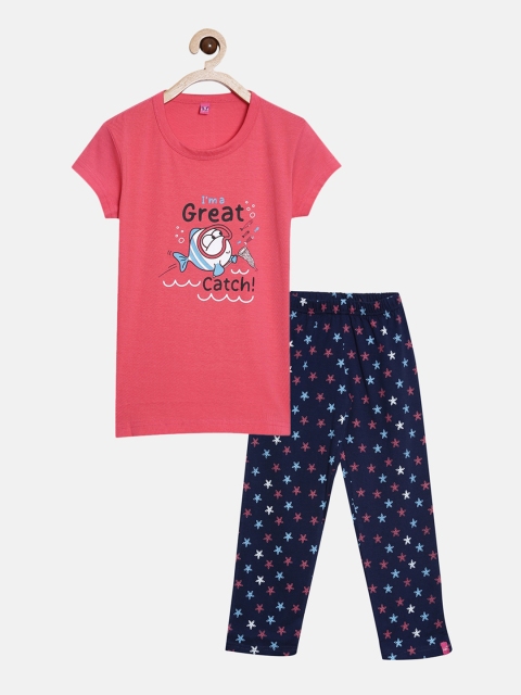 

A3A Girls Pink & Navy Blue Printed Pure Cotton Night suit